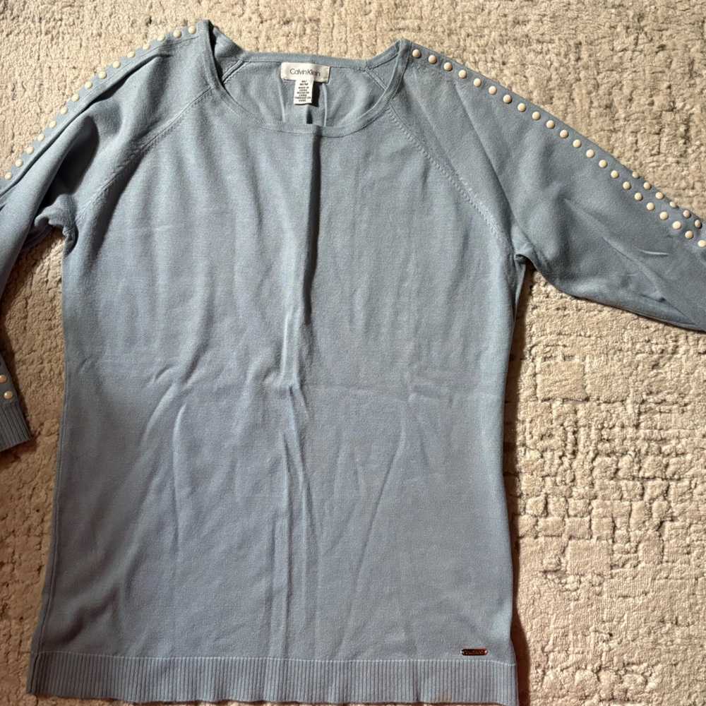 Calvin Klein Light Blue Sweater with Pearl Embellishments
